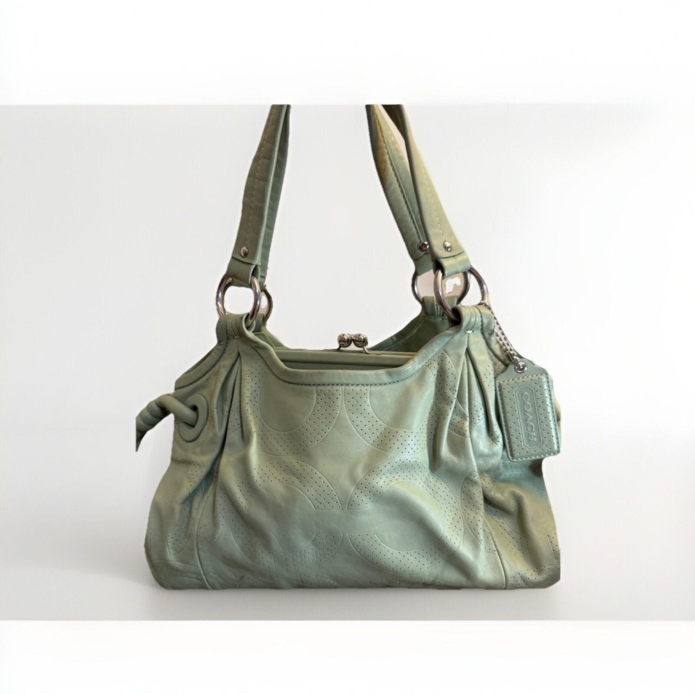 Coach Parker Perforated Op Art Leather Kisslock Satchel Sage Green B0971-13611